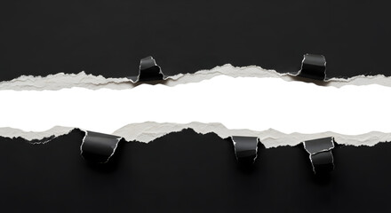 Torn Black Paper PNG with Binder Clips Revealing White Background for Contrast Metaphor and Creative Layout Design
