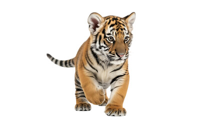 Obraz premium Adorable tiger cub with striking orange fur and black stripes walks forward on transparent background