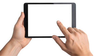 Tablet Device PNG Held and Tapped by Hand with Blank Screen for UI Mockups and Digital Interaction Design Concepts
