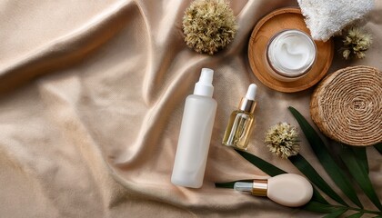 natural beauty and fashion products on fabric background skincare and accessory styling presentation