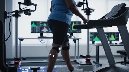 Man exercising on treadmill in modern fitness lab with various monitoring equipment and digital displays - Powered by Adobe