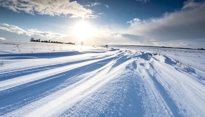 Obraz premium Winter landscape with snowdrifts and bright sun shining through clouds.