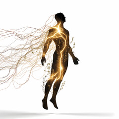 Minimalist 3D Render of Human Silhouette with Glowing Energy Lines and Plant Forms. Holistic Health, Alternative Medicine, and Energy Healing Concept on White Background
