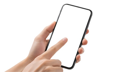 Modern Smartphone PNG with Blank White Screen Held and Tapped by Hand for Mobile App UI Presentation and Digital Interaction Mockups

