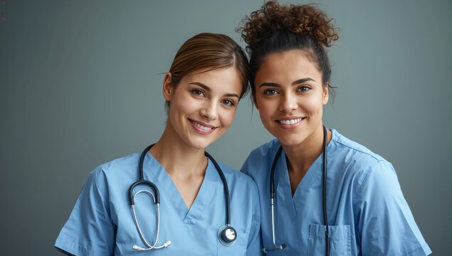 Two Healthcare Workers Sharing Smiles in Blue Scrubs During a Break at a Hospital in Broad Daylight