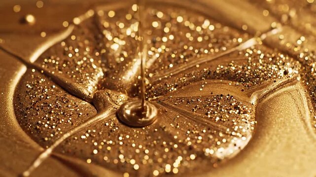 Golden Liquid Pouring with Glitter Sparkles Abstract Background.