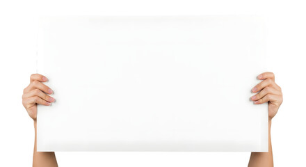 Blank White Sign PNG Held by Two Hands Against Clean Background for Editable Message Presentation Announcement and Advertising Mockup Designs
