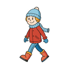 Obraz premium Happy little girl walking in winter jacket and winter hat isolated on transparent PNG for seasonal kids fashion design