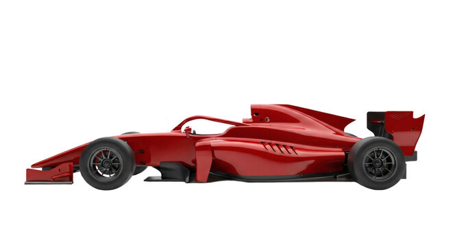 Side view of a sleek red formula racing car on transparent background