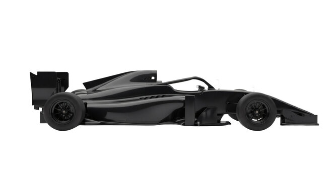 Black formula racing car side view isolated on transparent background
