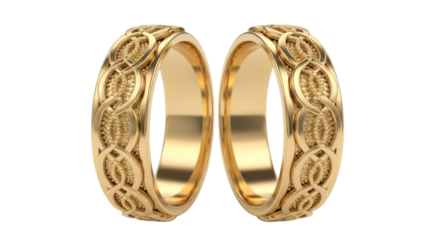 Pair of gold celtic knot wedding bands with intricate engraving isolated on transparent background