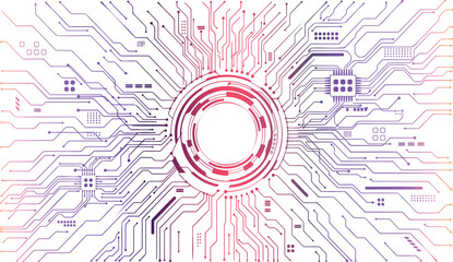 Obraz premium AI circuit portal with HUD elements. Futuristic sci-fi interface background with colorful digital tech lines. Technology vector illustration