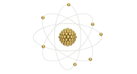 3d rendering of an atom model with golden nucleus and orbiting electrons isolated on transparent background