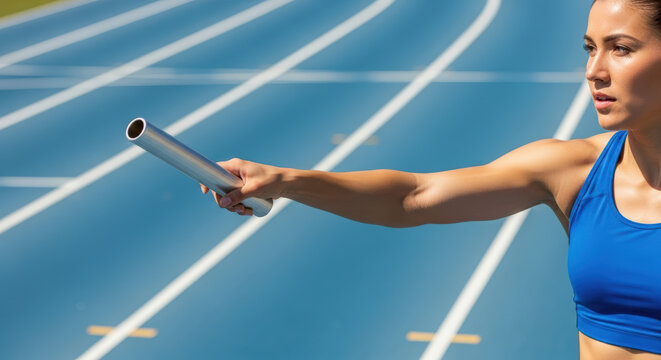 Woman passing relay baton on running track, athlete prepares to hand off baton during relay race. Focused woman in blue athletic wear extends baton for teammate in competitive relay running event.