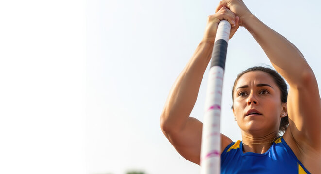 Female pole vaulter jumping with pole, athlete prepares for vaulting, dynamic action captures focus and determination, pole vaulter concept for sports photography and athletic promotions.