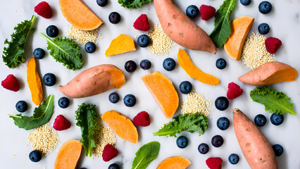 Overhead Healthy Superfoods on Marble

