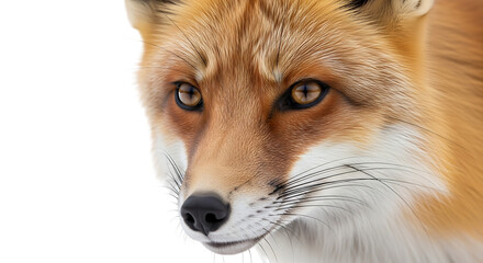 Fototapeta premium Close-up portrait of a red fox with striking amber eyes and detailed fur against on transparent background