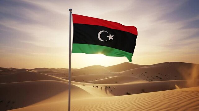 Libyan Flag Waving Proudly in the Wind over Vast Desert Landscape at Sunset