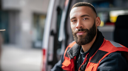 Fototapeta premium Emergency medical service worker in professional uniform paramedic personnel healthcare responder ambulance staff member first aid provider medical assistance professionaly
