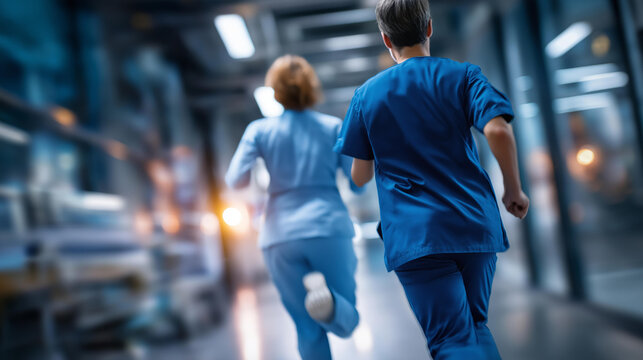 Defocused doctors nurses running in hospital emergency corridor patient crisis or pager call in ICU stress trauma situation medical hallway rush to code blue problem