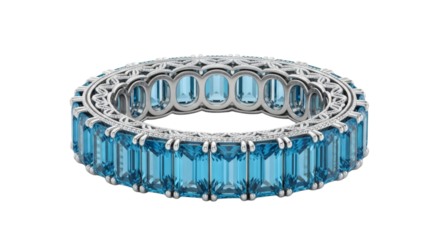 Elegant eternity ring with blue topaz gemstones in white gold setting isolated on transparent background