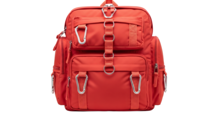 Vibrant red nylon backpack with silver hardware and carabiner clips isolated on transparent background