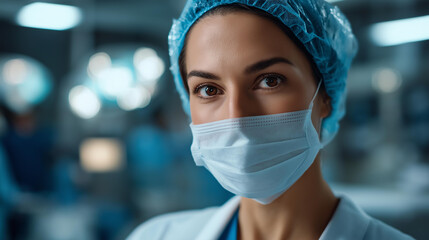 Side view of defocused professional doctor in protective uniform and mask taking care of patient with viral infection standing in operating room in modern hospital pandemic