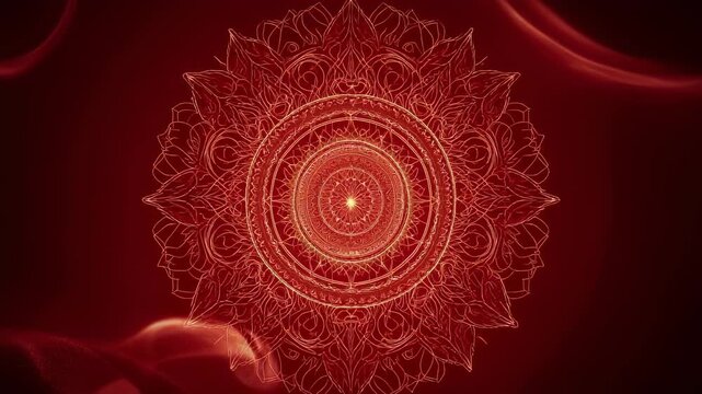 Intricate glowing golden mandala on a dark red textured background