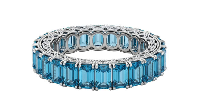 Elegant eternity ring with blue topaz gemstones in white gold setting isolated on transparent background