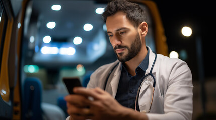 Defocused medical worker using smartphone in ambulance car doctor texting on mobile phone emergency vehicle communication paramedic digital connectivity healthcare technology
