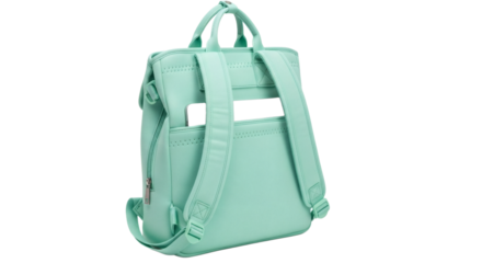 Mint green small backpack for school or travel, back view isolated on transparent background