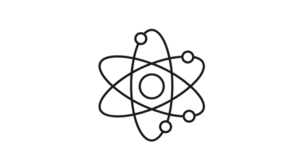 Simple black and white icon of an atom structure with orbiting electrons isolated on transparent background