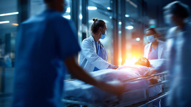 Defocused medical team with hospital bed in motion blur of emergency surgery healthcare wellness operation doctors nurses and workers with patient in busy ER theatre room