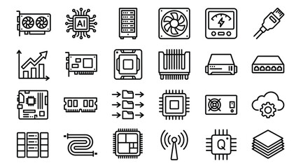 Vector Icon Set of 24 Minimal Line Icons for AI Hardware and Acceleration, Featuring GPU Card, AI Accelerator Chip, Server Rack, CPU, RAM, Motherboard, Data Flow, Cloud Computing, and Quantum Chip.