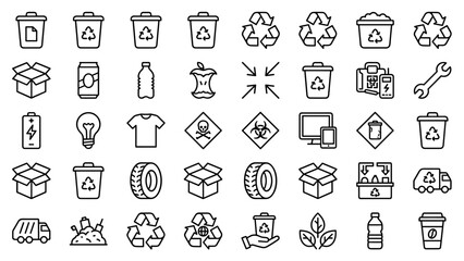 Fototapeta na wymiar Comprehensive Set of 30 Minimal Monoline Outline Icons for Recycling and Waste Sorting, Featuring Paper, Plastic, Glass Bins, Recycling Symbols, Cardboard Boxes, Aluminum Cans, and Garbage Trucks.