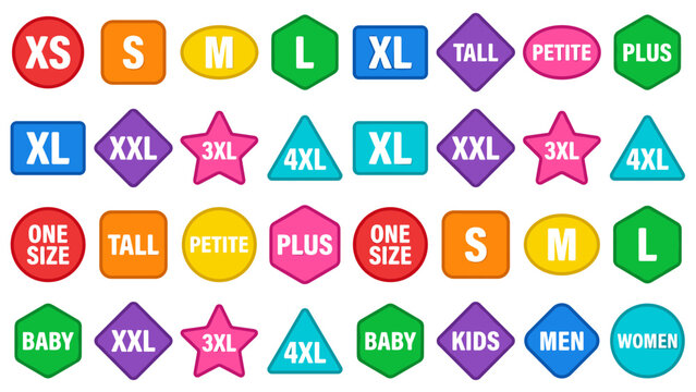 Colorful Vector Icon Set of Clothing Size Labels and Tags for Apparel Retail, Featuring XS, S, M, L, XL, XXL, 3XL, 4XL, Plus, Petite, Tall, One Size, Baby, Kids, Men, and Women in Flat Design.