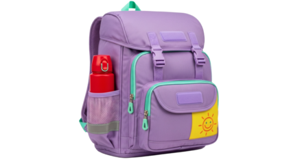 Purple childrens school backpack with red water bottle on transparent background