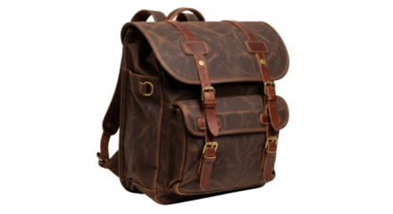 Vintage brown waxed canvas backpack with leather straps isolated on transparent background