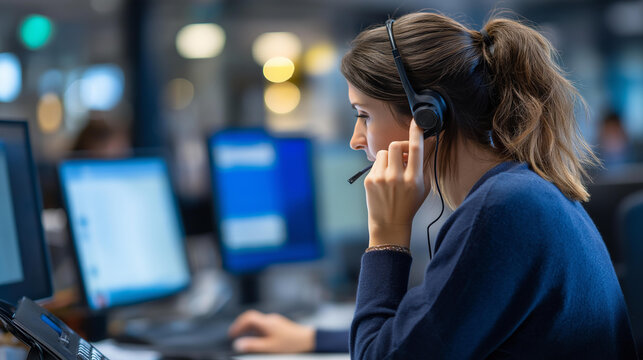 Faceless woman wearing headset using computer while working in support service hotline side view call center operation customer assistance emergency response communicationy