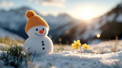 Obraz premium Melting snowman welcomes spring in a blossoming meadow