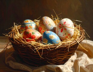 Hand-Painted Easter Eggs in a Woven Basket.