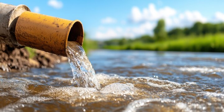 Pollution from industrial pipe flows into a river, affecting ecology