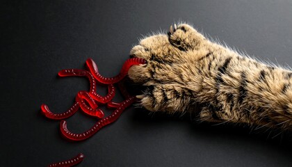 Cats playful paw with red gummy worms on black.