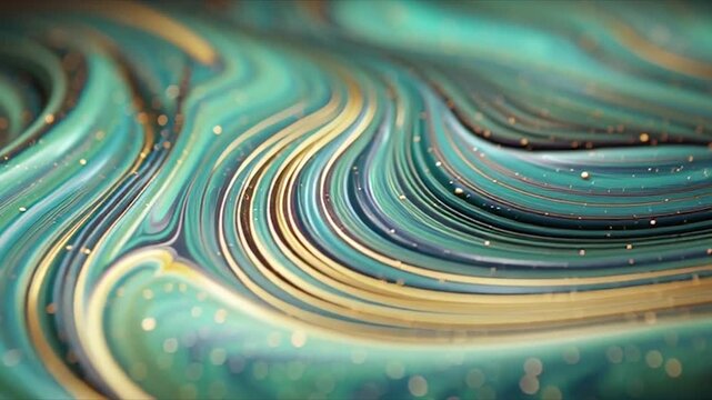 Abstract Swirling Green and Gold Fluid Motion with Glittering Particles.