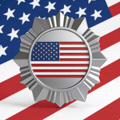 Silver badge featuring American flag on red and blue background  