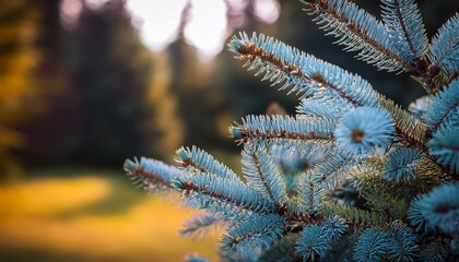 blue spruce foliage seasonal change nature background for text and layout