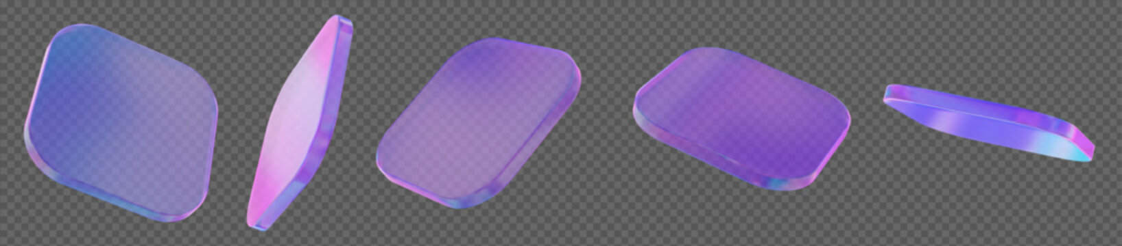 3d glass transparent rectangle with rounded angles, podium or shape element with different angles. Holographic square figure. Y2k neon abstract element. Stock vector illustration on isolated bg