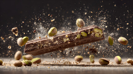 Exploding Chocolate with Pistachios: Witness the artistry of a moment frozen in time. A delectable bar of chocolate explodes with delightful pistachios.