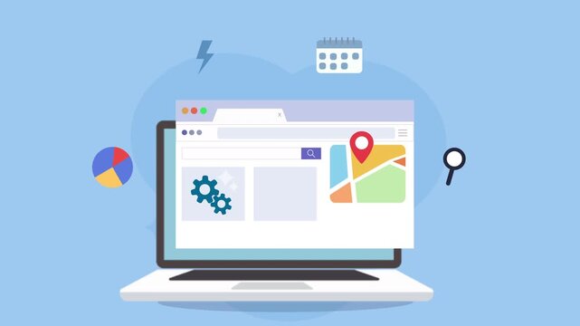 Laptop displaying website with map and analytics icons.