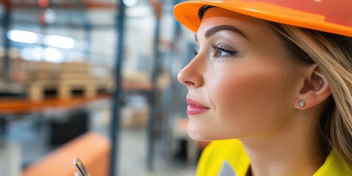 Female logistics worker navigates modern warehouse with digital tablet - Powered by Adobe